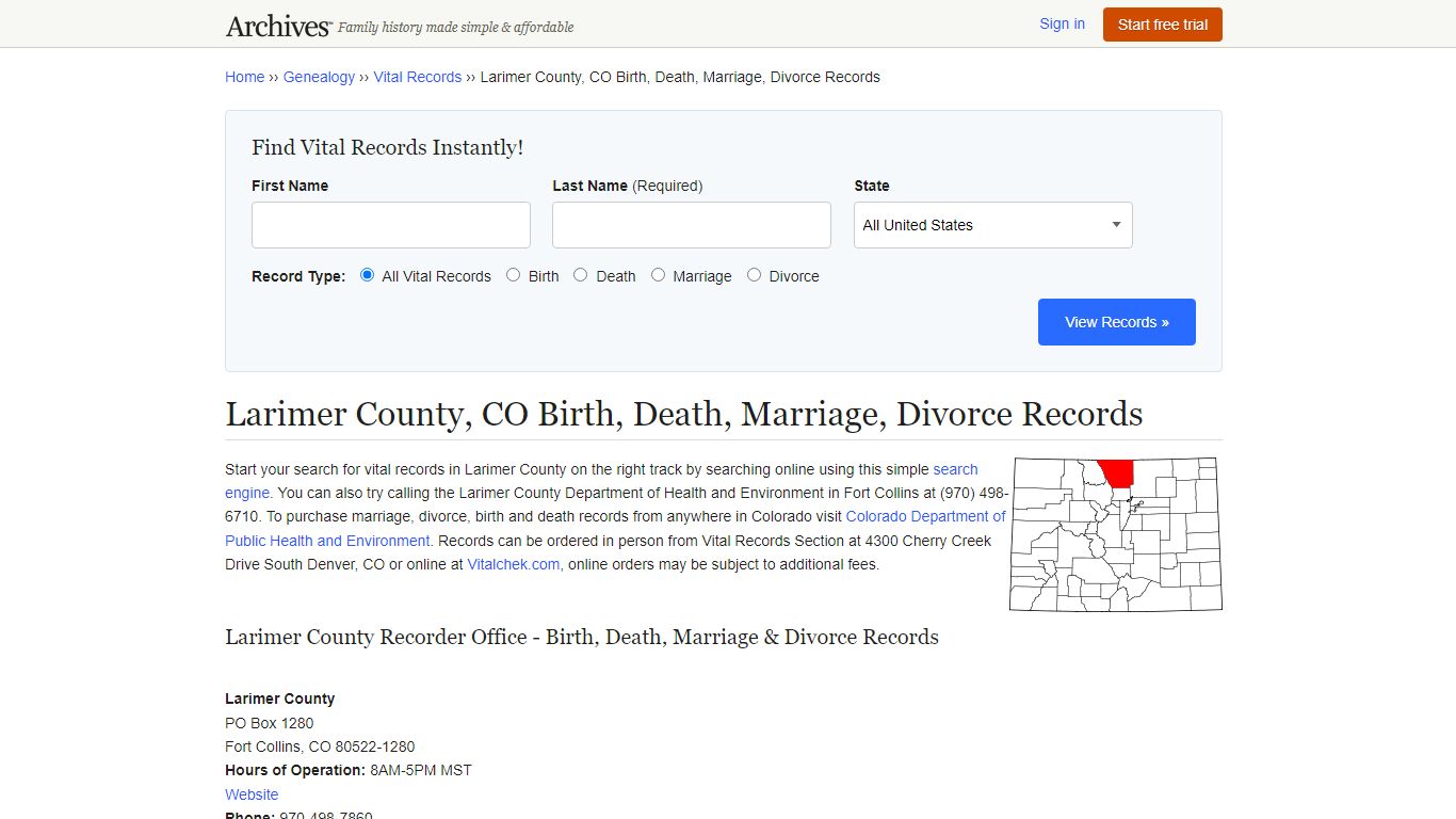 Larimer County, CO Birth, Death, Marriage, Divorce Records